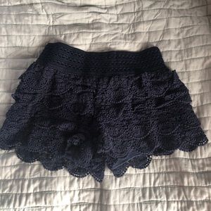 Rewind Navy Blue Ruffle Crochet Shorts